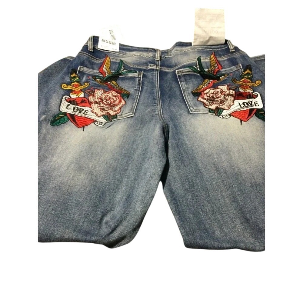 Disclosure‎ Wide Leg Tattoo Embroidered Jeans Blue Medium Wash women Size 13/31